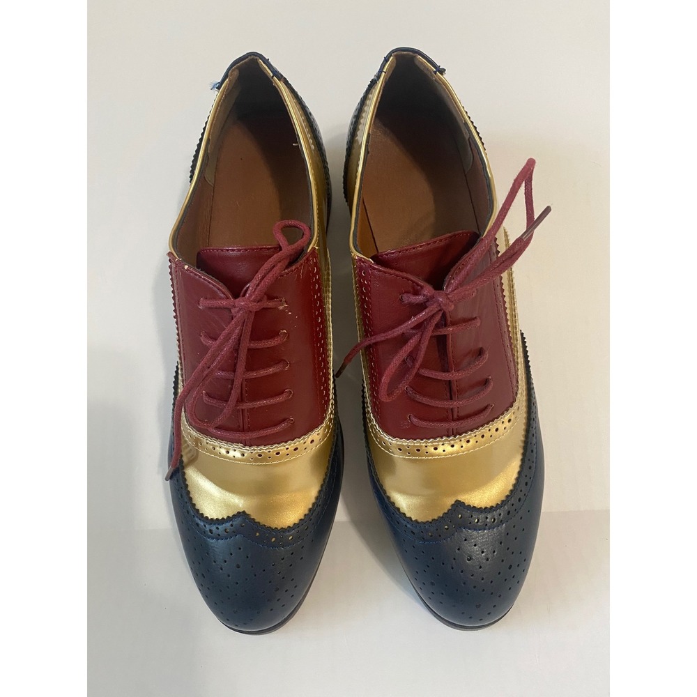Tricolor Wingtip Oxfords Gold Navy Burgundy Lace Up Brogue Dress Shoes Size 42